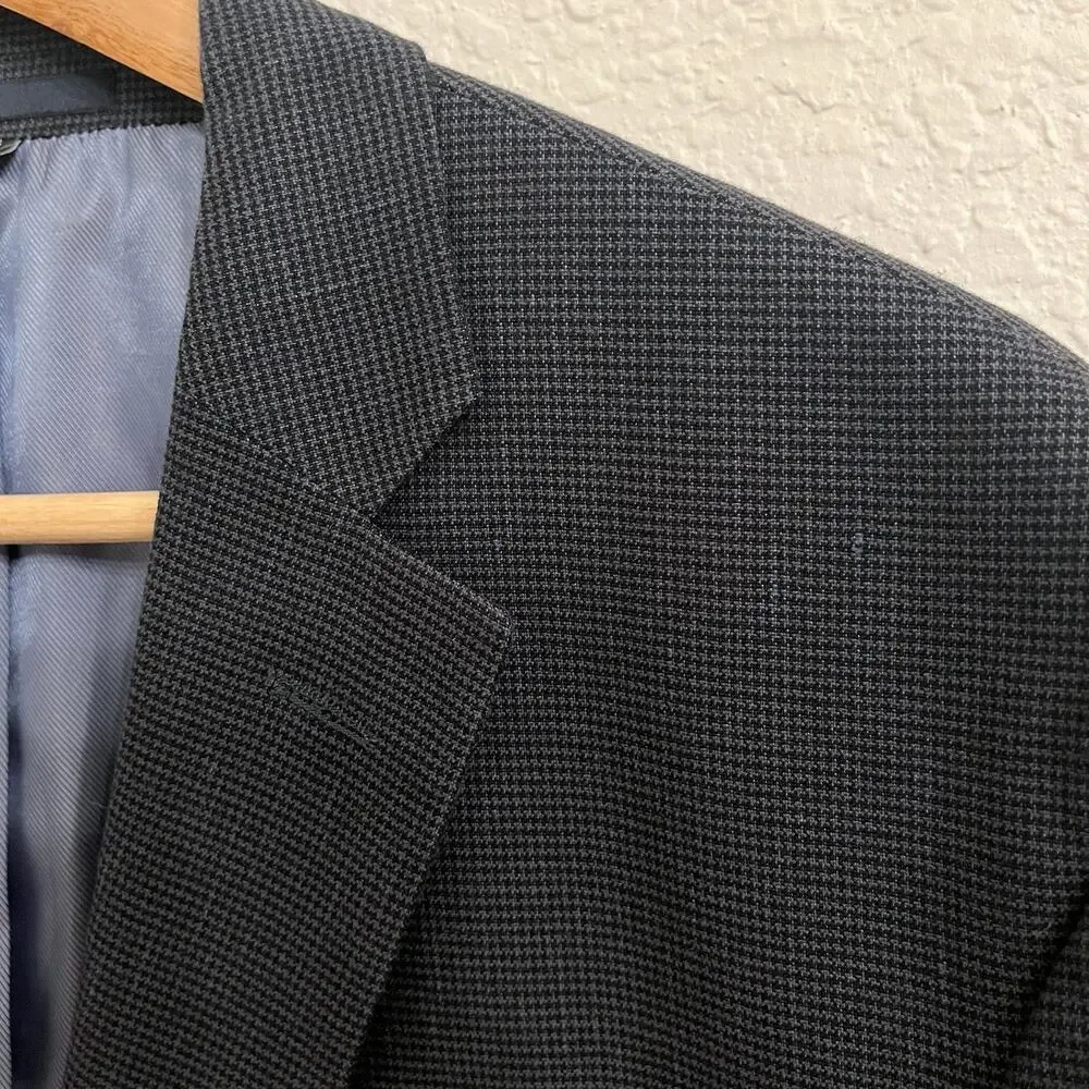 Jos A Bank Linen Cotton Houndstooth Blazer 40L Navy Tailored Fit Elbow Patches